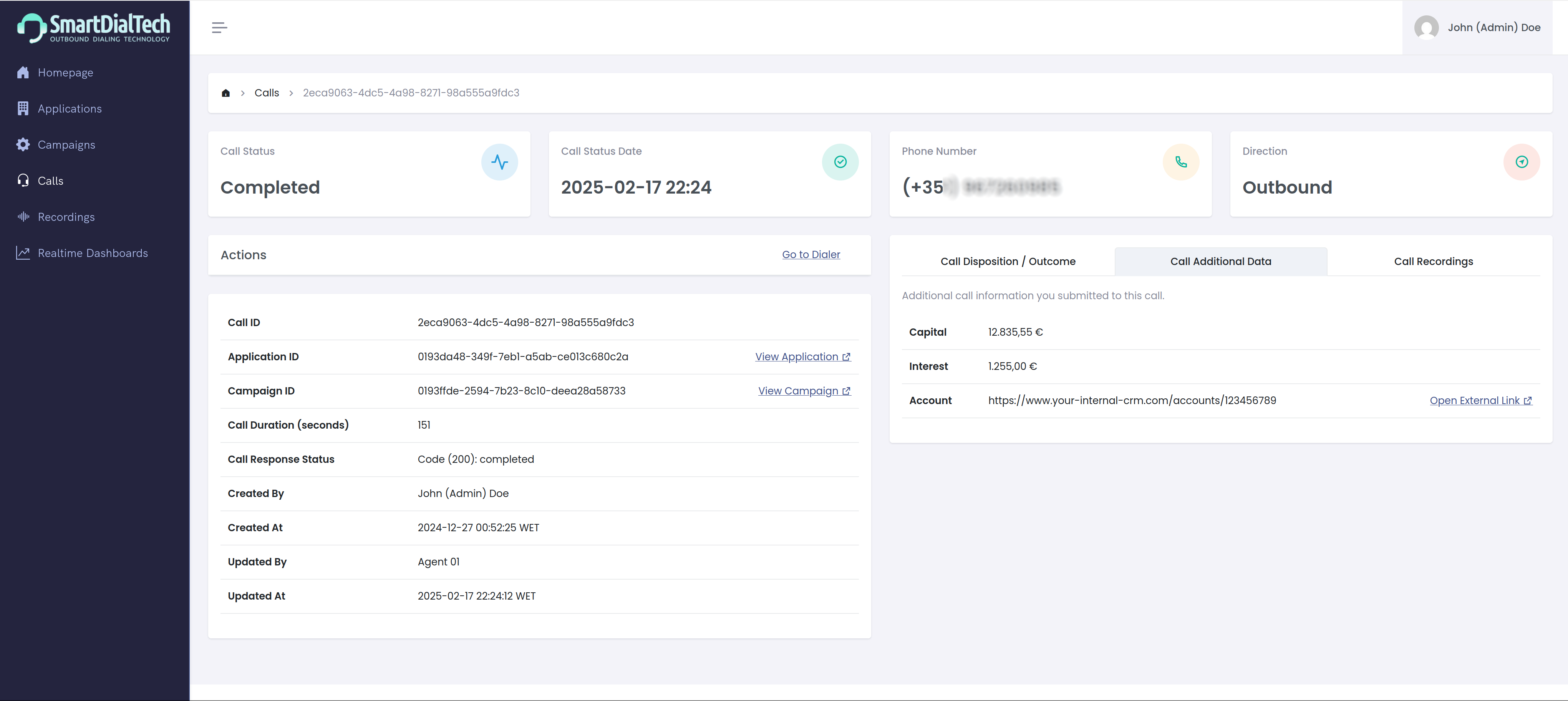 Call details screen with additional contact information
